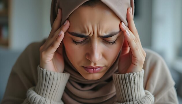 Woman with headache migraine stress pain holding head in hands wearing hijab seeking medical advice help - Powered by Adobe