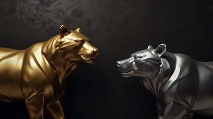 Gold bear silver bear facing sculpture