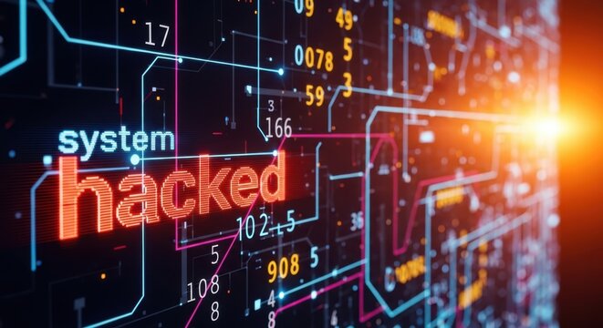 The word hacked appears on a digital system interface with glowing lines - Powered by Adobe