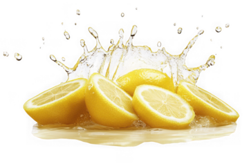 High-resolution image of sliced lemons with splashing water, fresh citrus fruit, healthy food, lemonade ingredient, isolated on transparent background