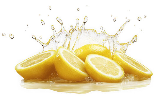 High-resolution image of sliced lemons with splashing water, fresh citrus fruit, healthy food, lemonade ingredient, isolated on transparent background