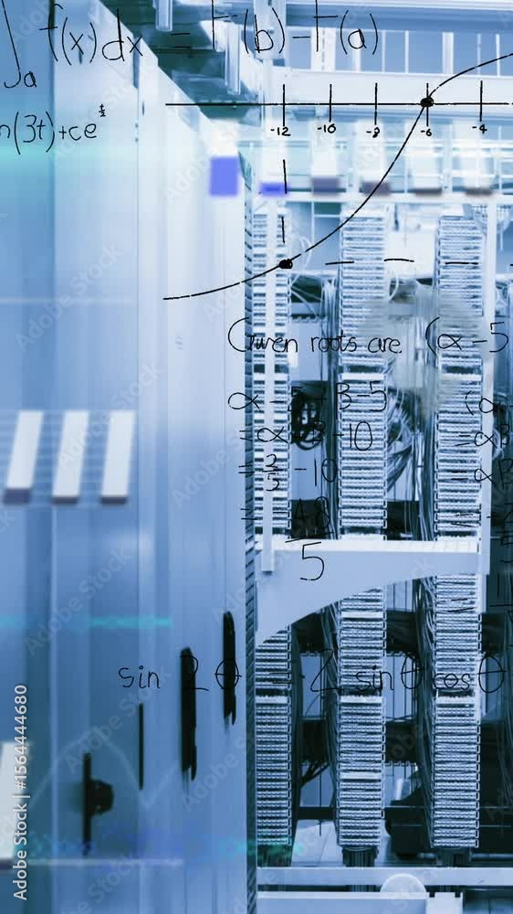 Poster animation of data processing, mathematical equations and plexus network against server room