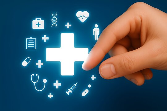 Hand touching a glowing medical cross surrounded by healthcare icons