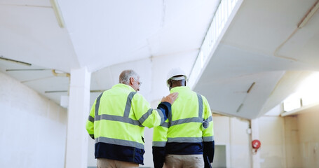 Men, architect and back at property, team or support with touch for advice with inspection. People, mentor and engineer with talk, building expansion and motivation with feedback at construction site