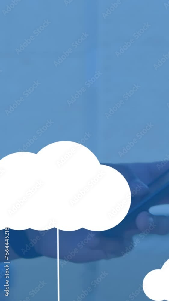 Aufkleber animation of digital clouds with icons over man using smartphone