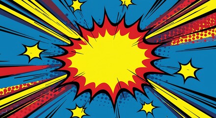 Colorful comic book style background with radial lines and speech bubble.