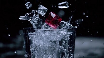 Red Ice Cube Plunging into Water Glass with Dynamic Splash on Black Backdrop