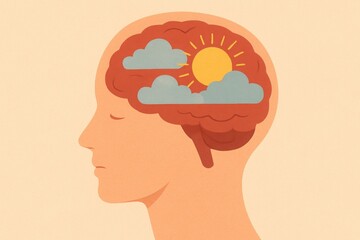 Brain with clouds and sun representing emotional regulation self-awareness and mindfulness for mental health education and therapy visuals