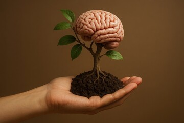 Brain growing from tree roots held in hand symbolizing knowledge growth mental development and eco education for psychology and sustainability projects