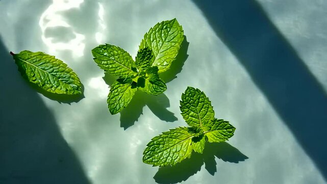 Fresh mint leaves floating on water surface with soft shadows creating a serene atmosphere