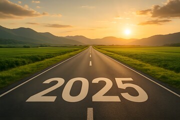 The road ahead leads to the year 2025 with a beautiful sunset over mountains