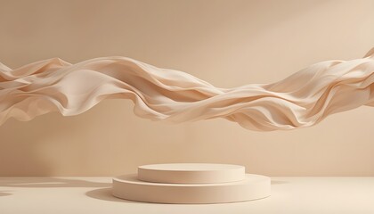  Elegant Display: 3D Beige Podium with Flowing Nude Silk Curtain