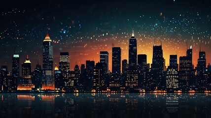 Illuminated skyscrapers against starry twilight city skyline