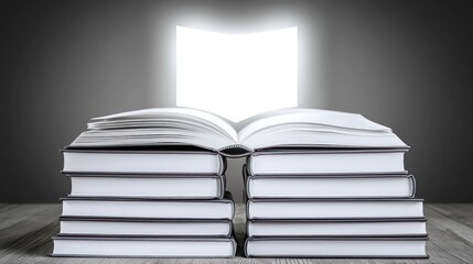 Illuminated Knowledge: Stacked Books with Glowing Open Page