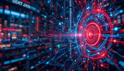 Futuristic High Tech Background with Digital Grid and Glowing Blue Elements