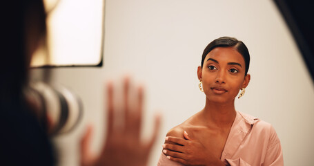 Photography, model and woman on set for behind the scenes, photo shoot and production. Creative...
