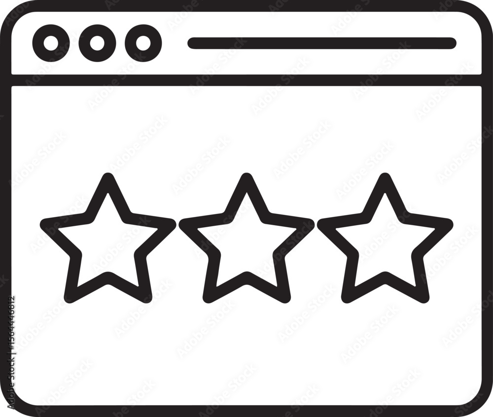 Poster black and white line art illustration of a web browser window displaying three stars rating review