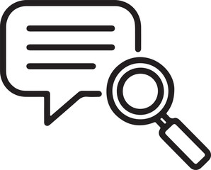 Black and white simple line art icon of a speech bubble with a magnifying glass symbol text