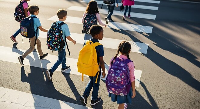 Elementary School Children Crossing Street Safely Back to School