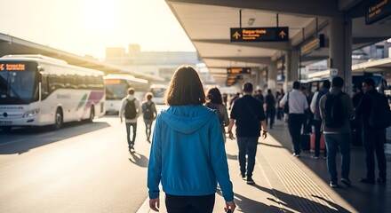 Woman Walking Away at Busy Bus Station Departure Area