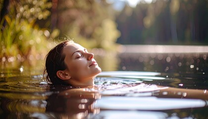 person swimming in a natural lake surrounded by forest, emphasizing inner peace