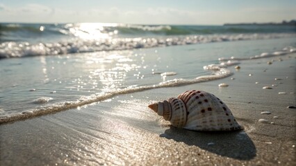 Seashell on a sun-drenched beach with waves gently lapping, evoking summer tranquility and coastal beauty.
