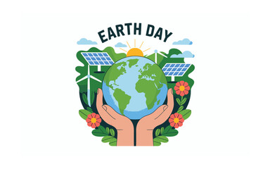 Earth Day Illustration with Globe, Solar Panels, Wind Turbines and Hands