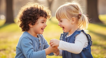 Joyful Toddlers Holding Hands, Sharing Laughter and Friendship in a Sunny Park