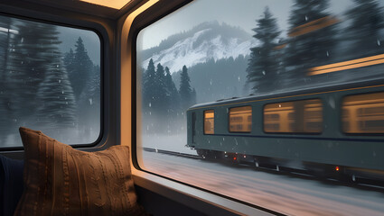 View from inside a moving cozy train, looking out of a large window. Outside, it's snowing softly or raining lightly, with motion blur on the snowy pine trees and mountain landscape. The window is fog