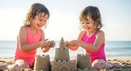 Twin Girls Building a Sandcastle on the Beach