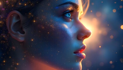 Obraz premium Dreamy woman portrait with glowing skin and stars, ethereal beauty, fantasy art, celestial being, profile view