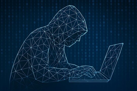 Hacker in a hooded wireframe suit using a laptop with binary code background
