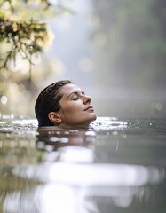 Fototapeta premium person swimming in a natural lake surrounded by forest, emphasizing inner peace