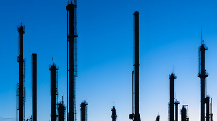Abstract refinery silhouette with geometric shapes against gradient sky, symbolizing industrial innovation and modern energy production
