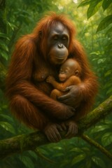 Fototapeta premium A heartwarming scene of a mother orangutan gently cradling her baby in the forest, expressing deep emotional bonding and unconditional love.