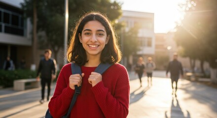 Fototapeta premium A smiling young woman with a backpack on a college campus walkway