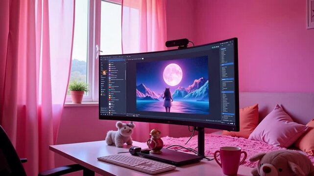 Experience a tranquil pink bedroom ambiance featuring a softly glowing moonlit window, a cozy VTuber setup, and a mesmerizing lo-fi music visualizer in 4k footage.