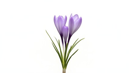 Naklejka premium Photorealistic image of a purple Crocus plant isolated on white. Delicate cup-shaped bloom with grass-like leaves. Botanical macro with soft light and natural detail.