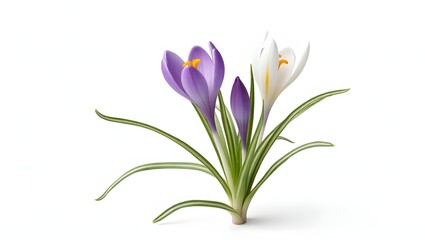 Naklejka premium Photorealistic image of a white and purple Crocus plant isolated on white. Delicate cup-shaped bloom with grass-like leaves. Botanical macro with soft light and natural detail.