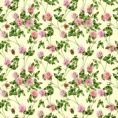 Clover lawn with bees for  seamless pattern for textile
