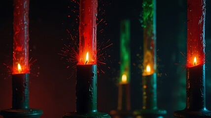 Red and green candles exploding with sparks fire