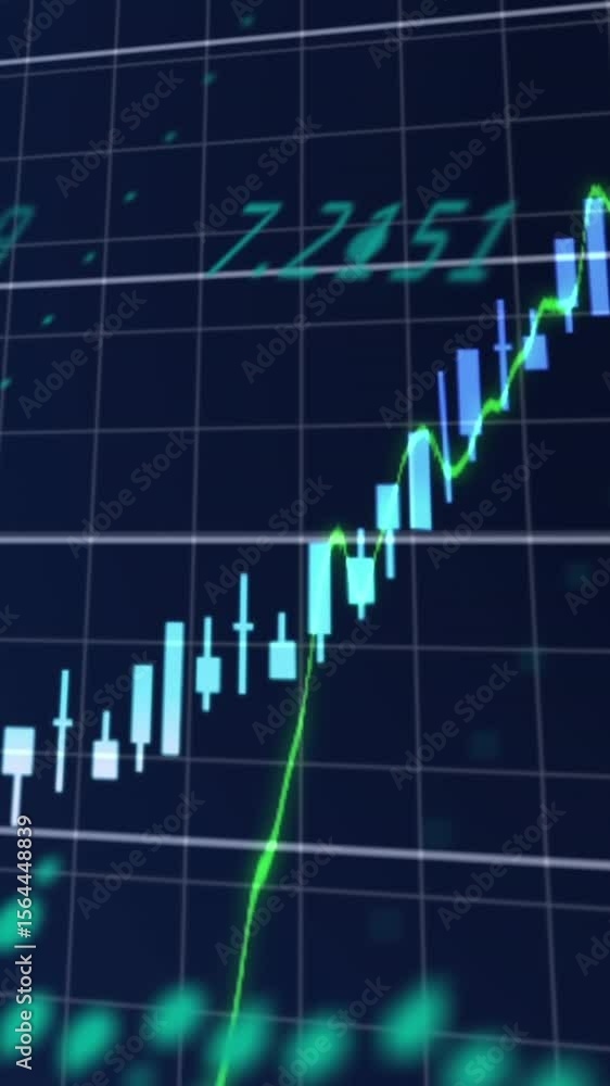 Poster animation of statistical and financal data processing against blue background