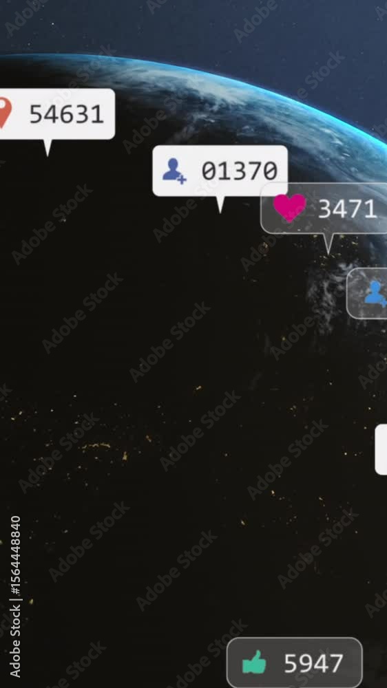 Poster animation of social media icons and data processing over globe