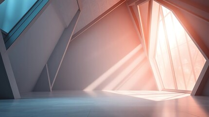 Sunlit geometric interior, modern architecture with unique triangular forms