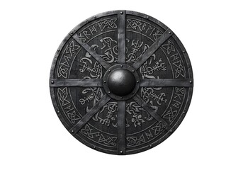 Naklejka premium Ancient Norse Viking Shield with Runes and Celtic Knotwork: A Detailed 3D Render