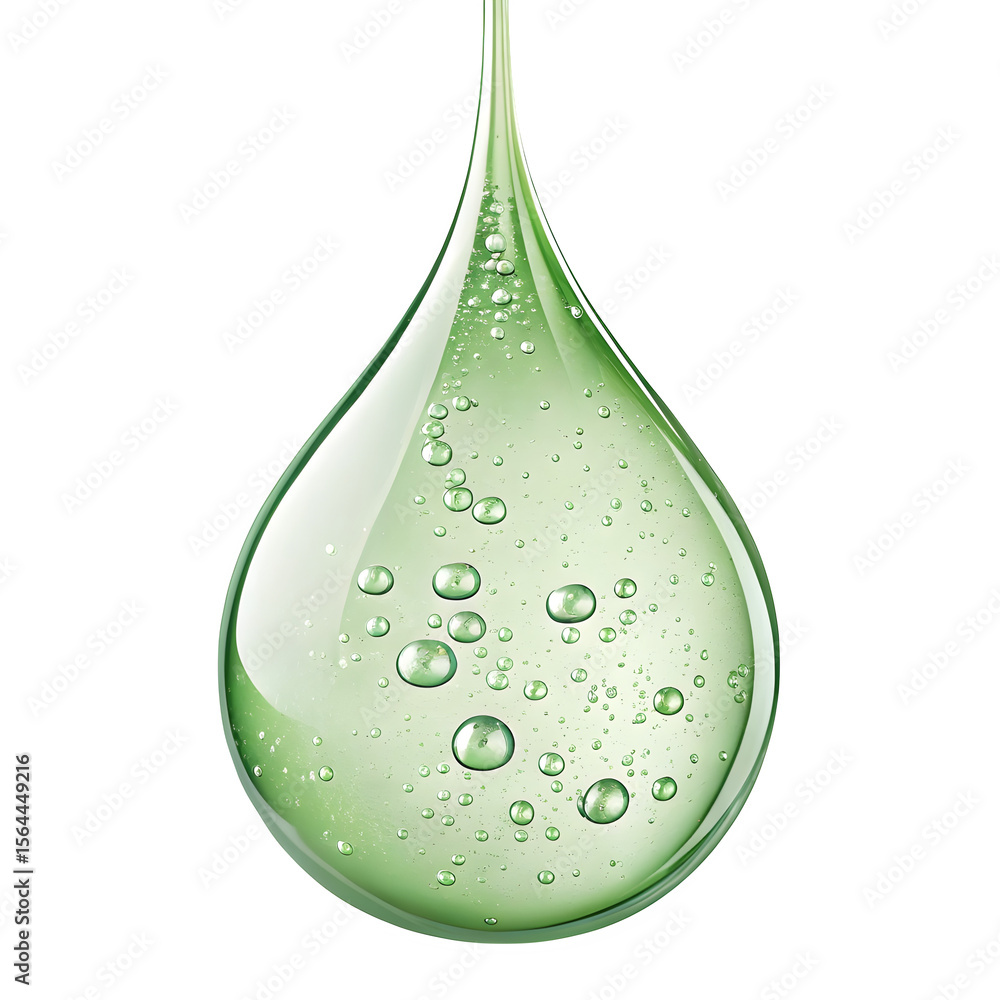 Poster a single large translucent green liquid drop with many small air bubbles suspended inside isolated o