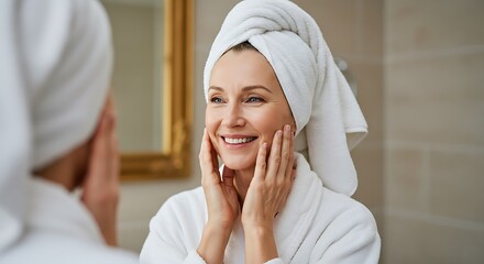 Happy woman in a bathroom touching her face after skincare routine