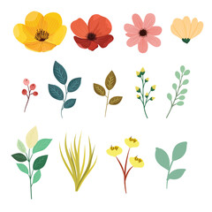 Set of Colorful Flower and Leaf Decorative Elements for Creative Design