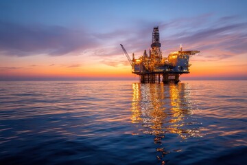 Fototapeta premium Stunning Sunset over Oil Rig in Ocean, Illuminated Structure Reflecting in Calm Water, Industrial Infrastructure against Vibrant Sky in Evening Light