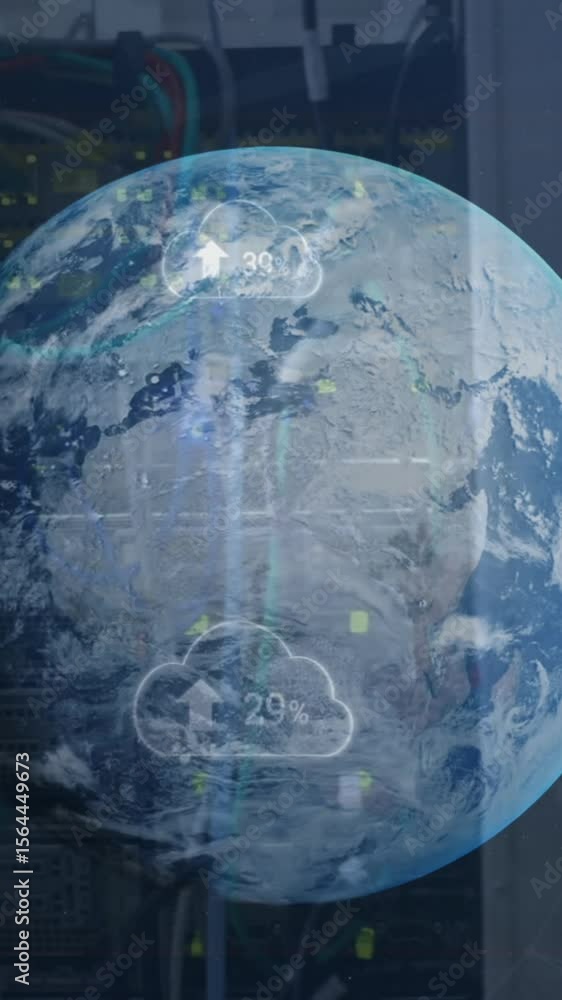 Poster animation of changing numbers and arrow in clouds and globe over back panel of server rack